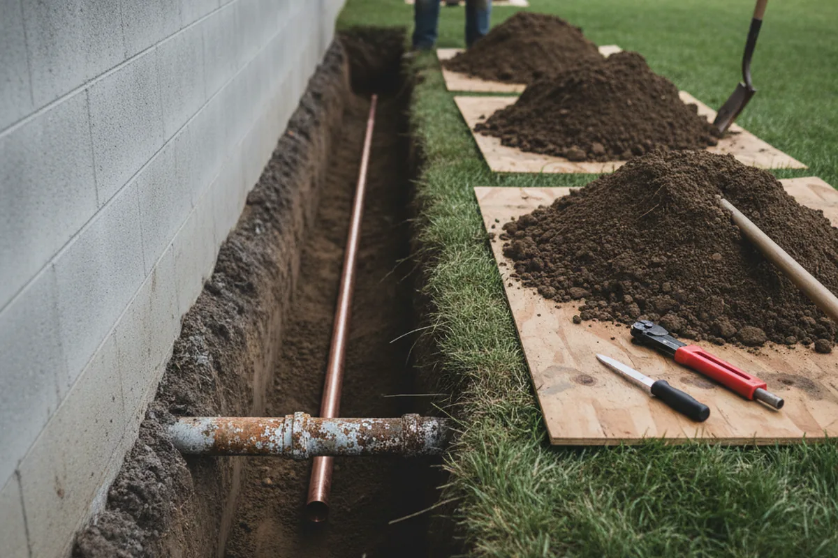 Excavated water line trench during Sewer Line Repair in Bridgeport